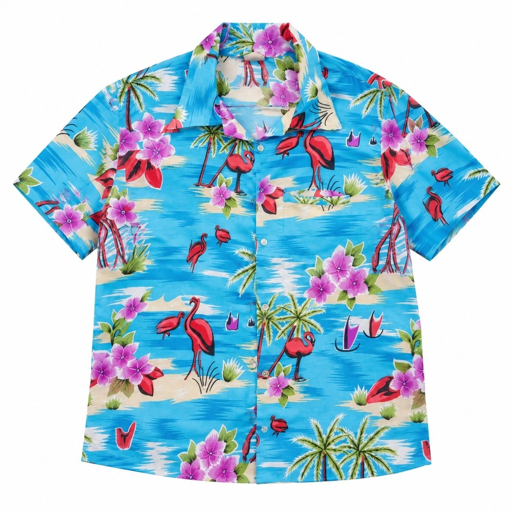 King Kameha Hawaiian Tropical Blue Short Sleeve Button Down Shirt, Size Medium